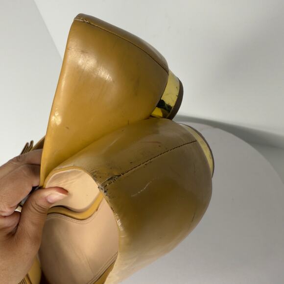 Tory Burch 9.5 Womens Trudy Open Toe Flat Shoe In Patent Tan Preppy *flaw - Picture 7 of 11